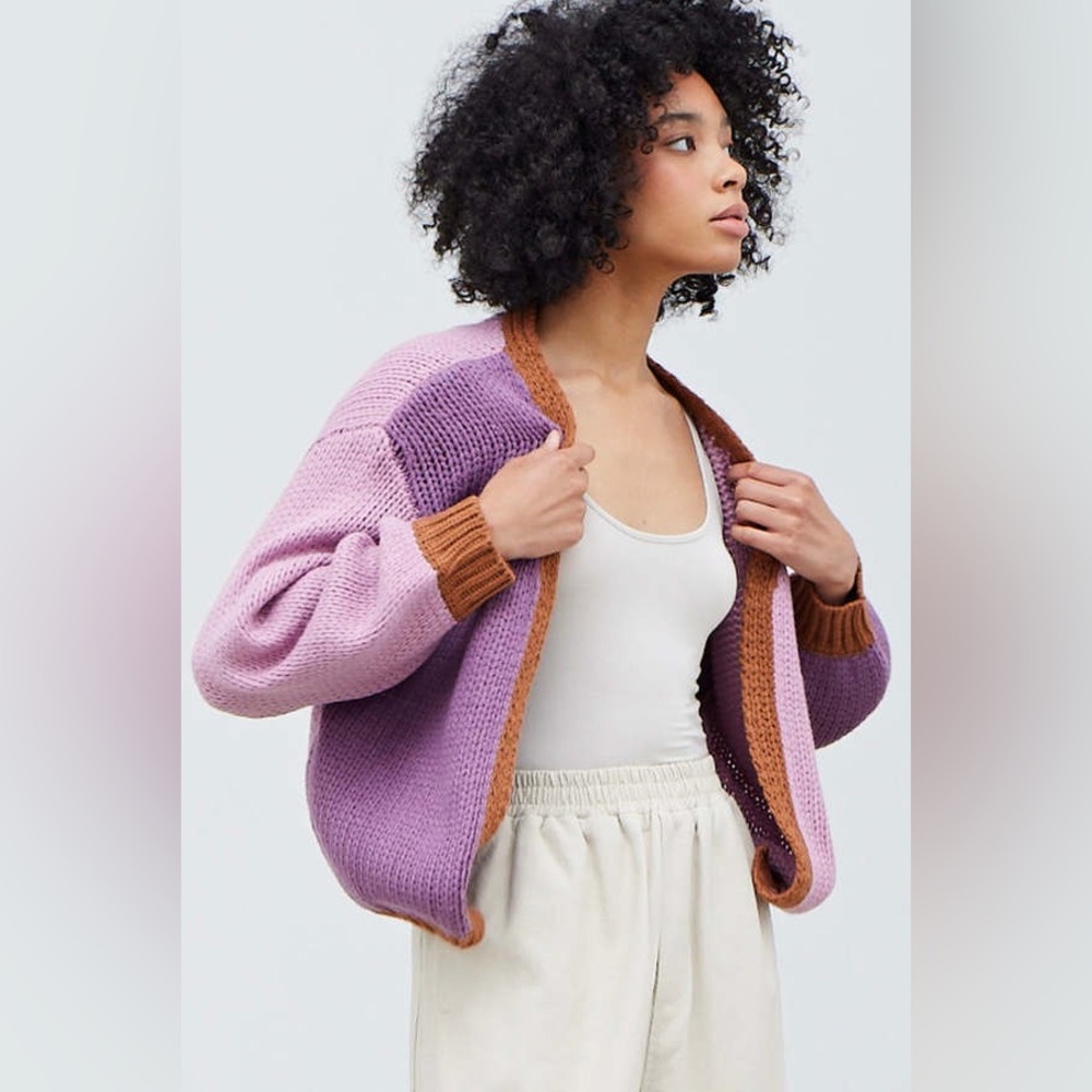 Grade Gather Colorblock Balloon Sleeve Knit Cardigan Sweater Purple Brown Size S